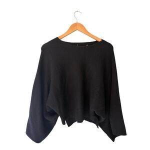 Black Cropped Sweater Bell Sleeve Raw Hem Made in USA Wool Blend Y2K